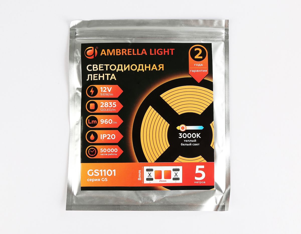 Светодиодная лента Ambrella Light 9,6W/m 120LED/m 2835SMD теплый белый 5M GS1101 3