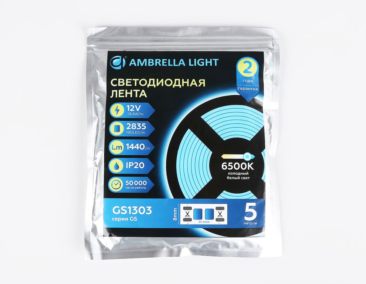 Светодиодная лента Ambrella Light 14,4W/m 180LED/m 2835SMD холодный белый 5M GS1303 3