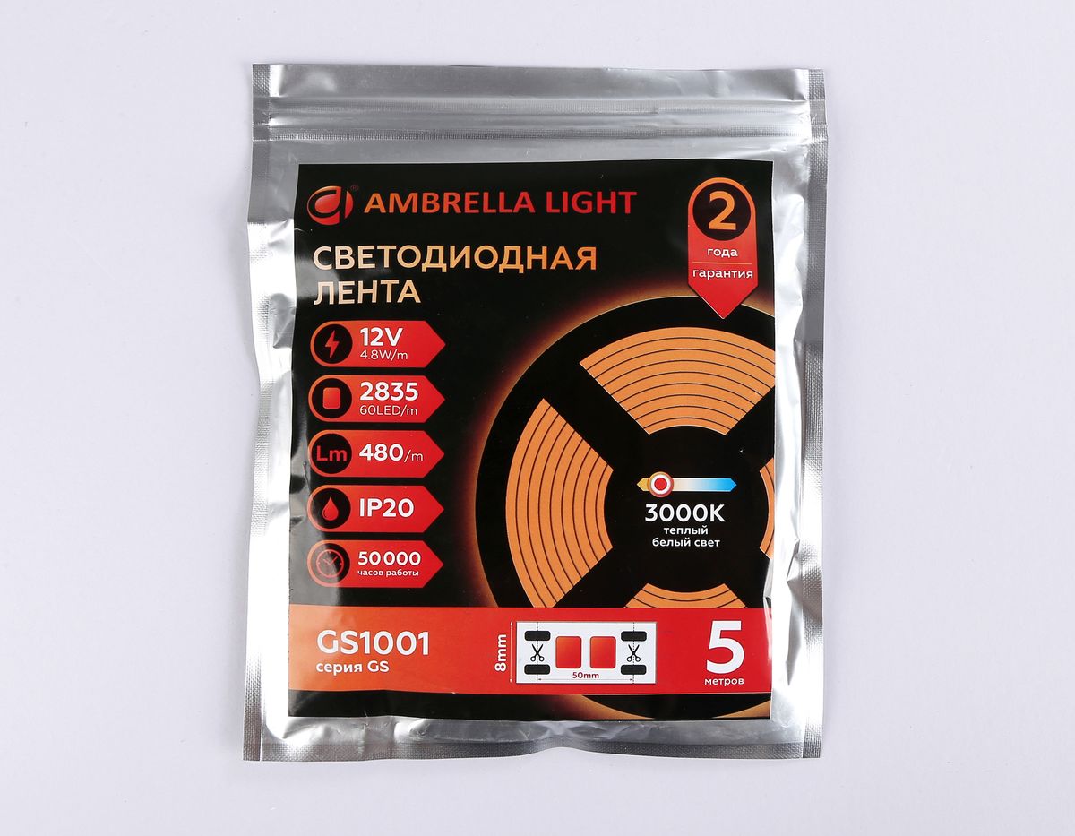 Светодиодная лента Ambrella Light 4,8W/m 60LED/m 2835SMD теплый белый 5M GS1001 3