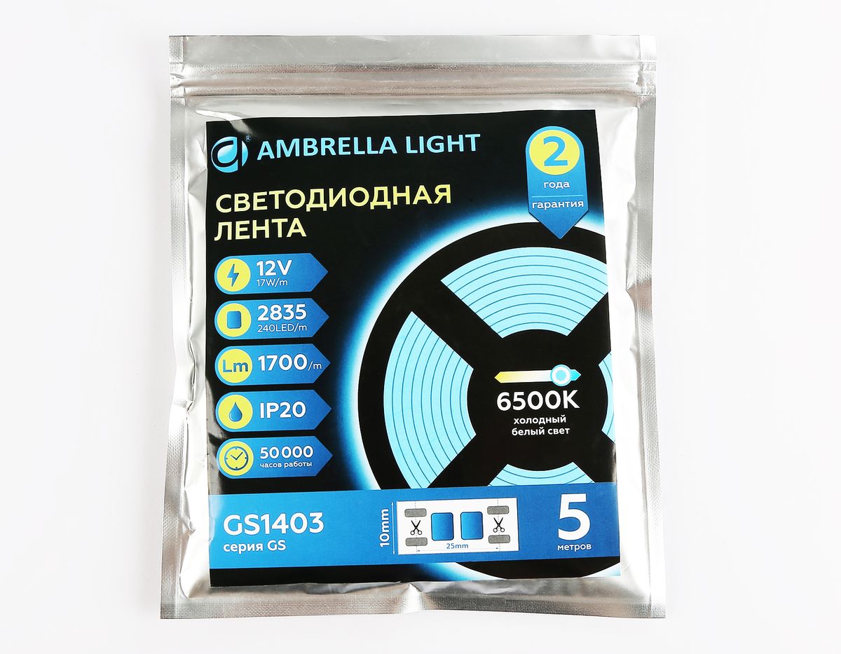 Светодиодная лента Ambrella Light 17W/m 240LED/m 2835SMD холодный белый 5M GS1403 3