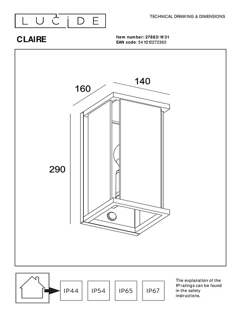 Уличный настенный светильник Lucide Claire 27883/11/31 изображение 2 Уличный настенный светильник Lucide Claire 27883/11/31 Фото № 2