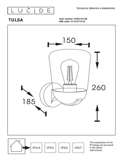 Уличный настенный светильник Lucide Tulsa 27837/01/30 Фото № 2