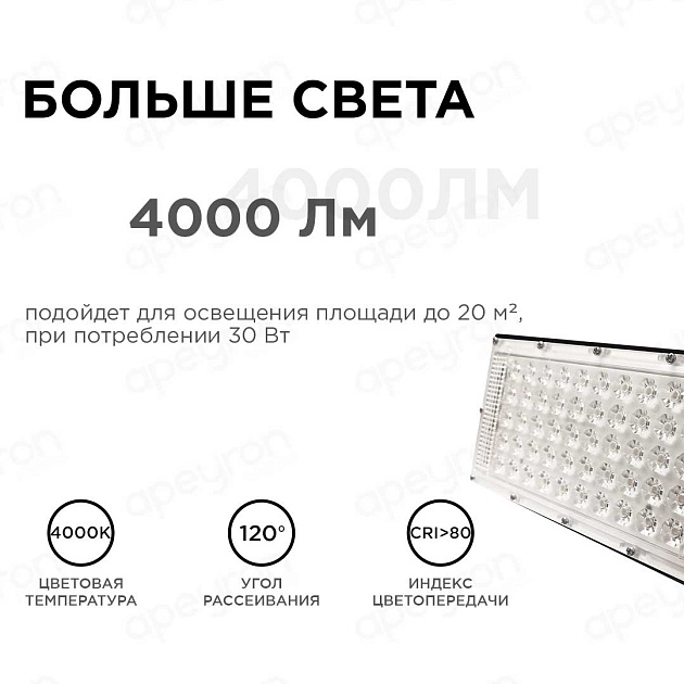 Прожектор светодиодный Apeyron 30W 4000K 05-42 изображение 6 Прожектор светодиодный Apeyron 30W 4000K 05-42 Фото № 6