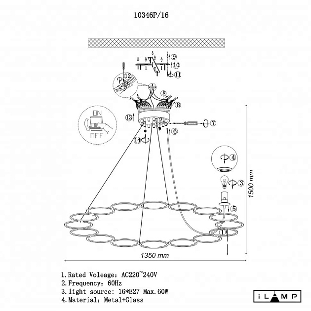Подвесная люстра iLamp Globe 10346P/16 BK-WH Фото № 2