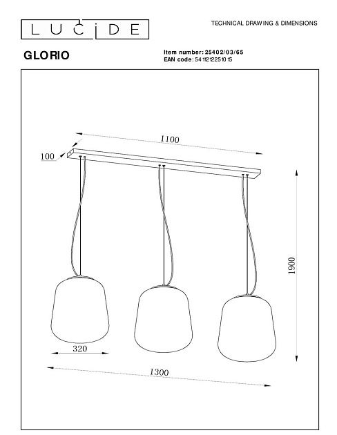Подвесной светильник Lucide Glorio 25402/03/65 Фото № 2