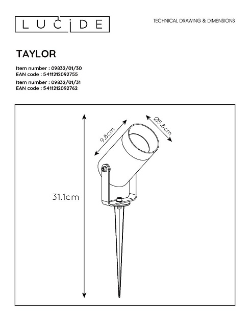 Уличный светильник Lucide Taylor 09832/01/30 Фото № 2