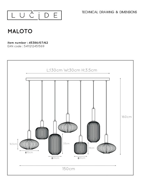 Подвесная люстра Lucide Maloto 45386/07/62 Фото № 2