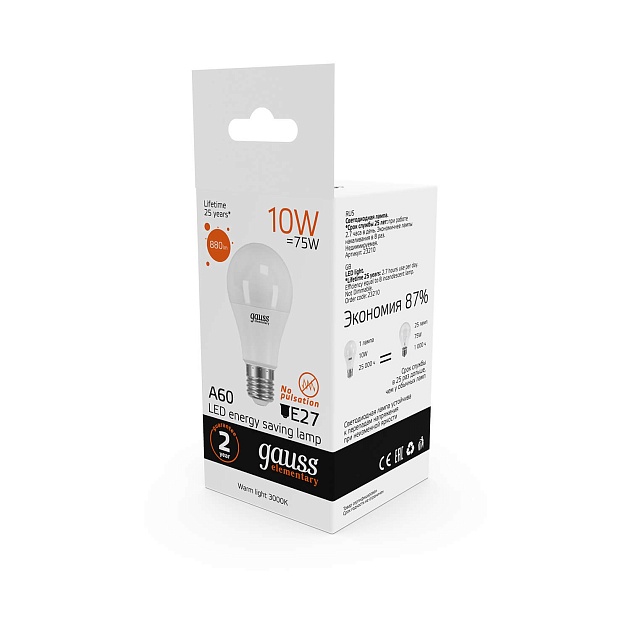 Лампа светодиодная Gauss E27 10W 3000K матовая 23210 Фото № 4