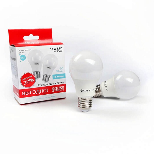 Набор светодиодных ламп Gauss E27 11W 4100K матовая 23221P изображение Набор светодиодных ламп Gauss E27 11W 4100K матовая 23221P Фото №